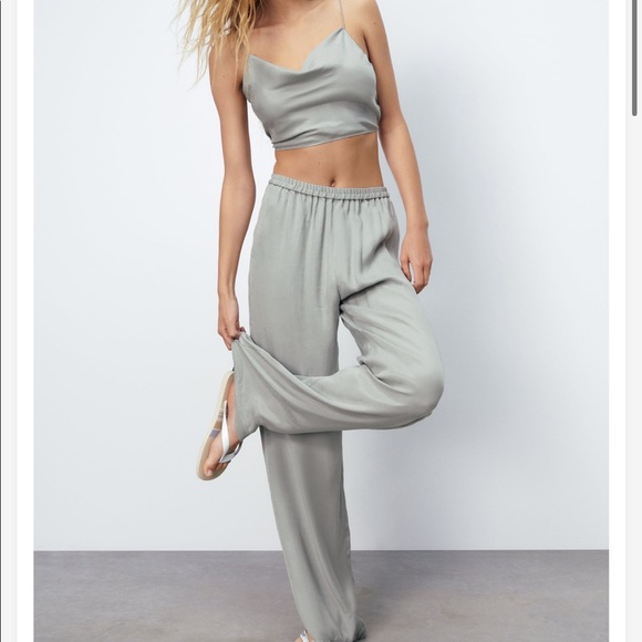 Grey crop top worn strappy backless detail. Matching set also available - Picture 3 of 9